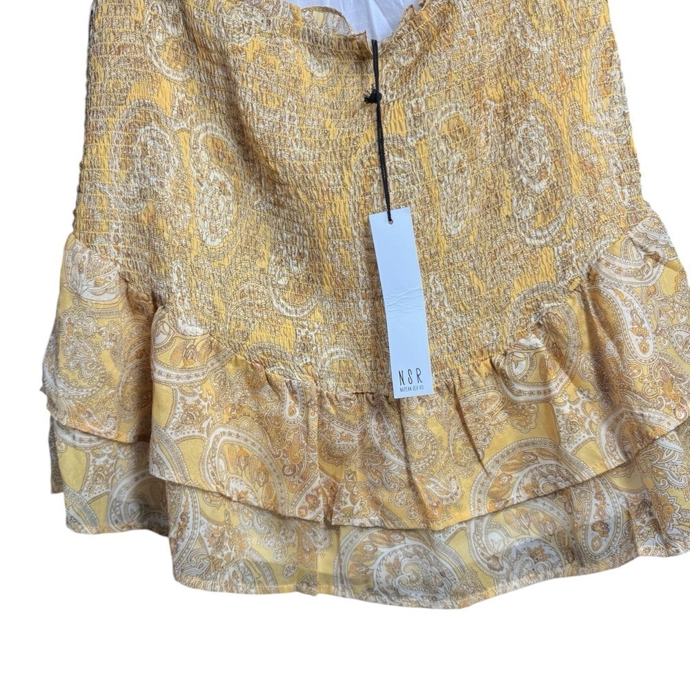NSR Paisley Ruffle Mini Skirt Gold Cream Smocked Waist Flowy Style Size M - Picture 3 of 9